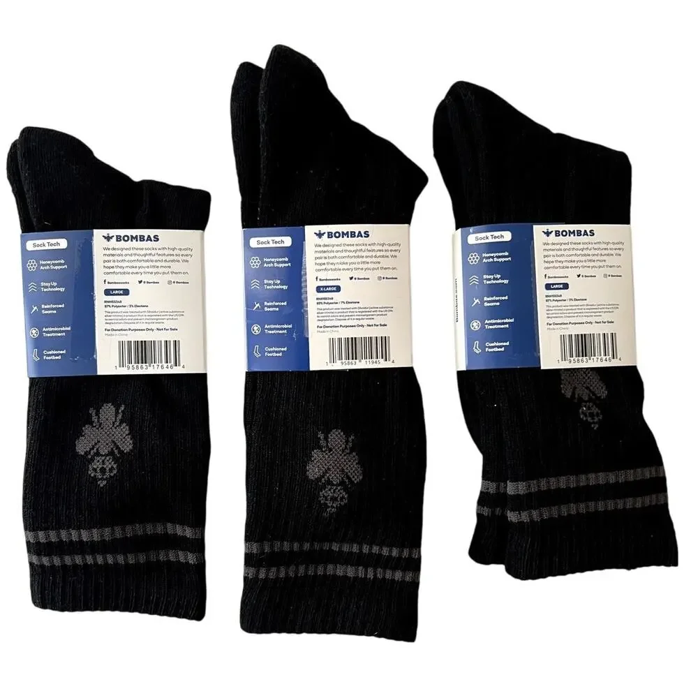 Three 3 Pairs Of Bombas Socks New With Tags Sizes L And XL Black Gray